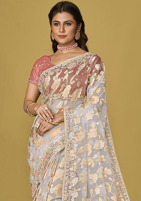 Off-White Printed Organza Saree with Embroidery Work and Lace Trim main image 1