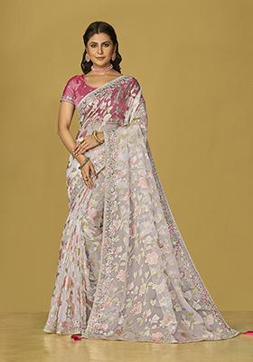Off White Printed Organza Saree Set