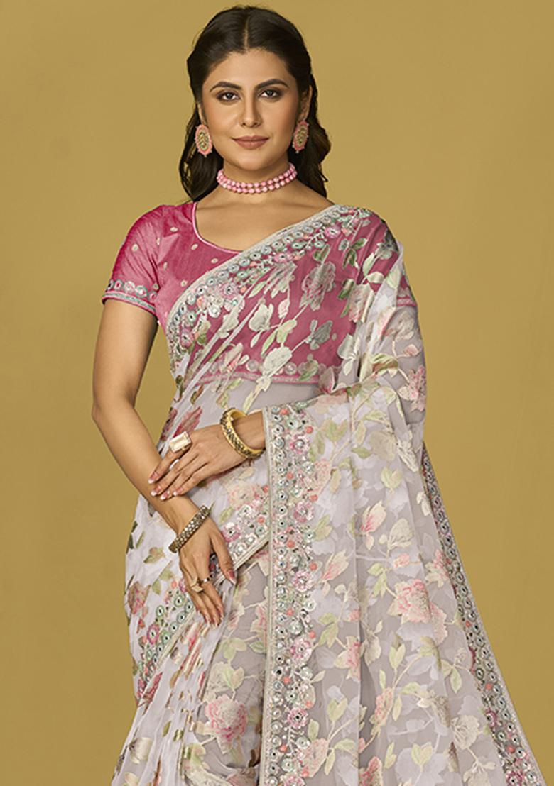 Off White Printed Organza Saree Set