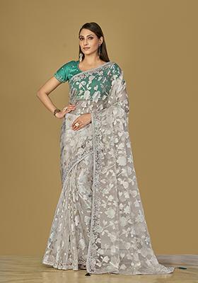 Off White Printed Organza Saree Set