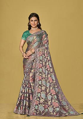 Grey Printed Organza Saree Set