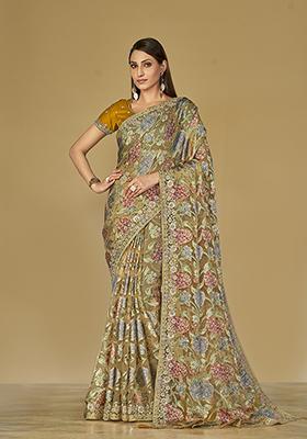 Mustard Yellow Printed Organza Saree Set