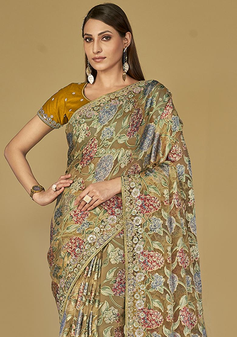 Mustard Yellow Printed Organza Saree Set