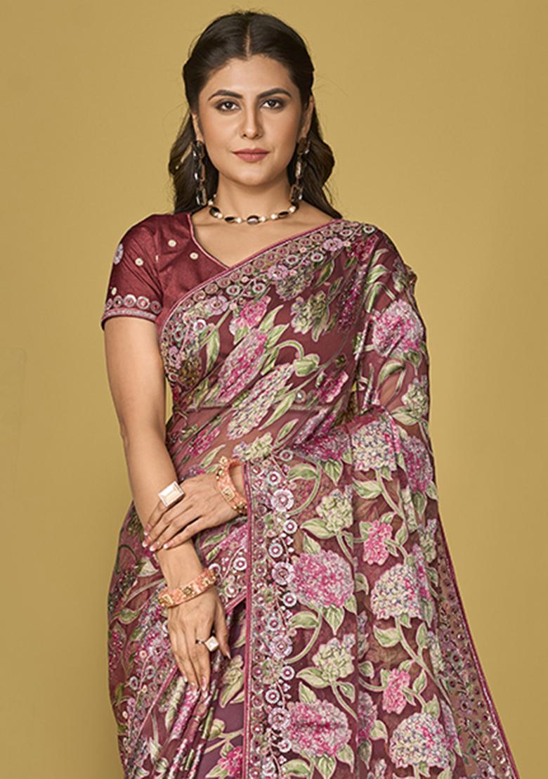 Burgundy Printed Organza Saree Set