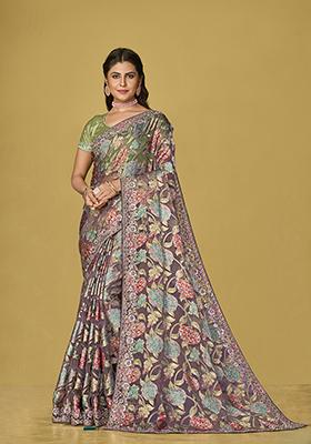 Grey Printed Organza Saree Set