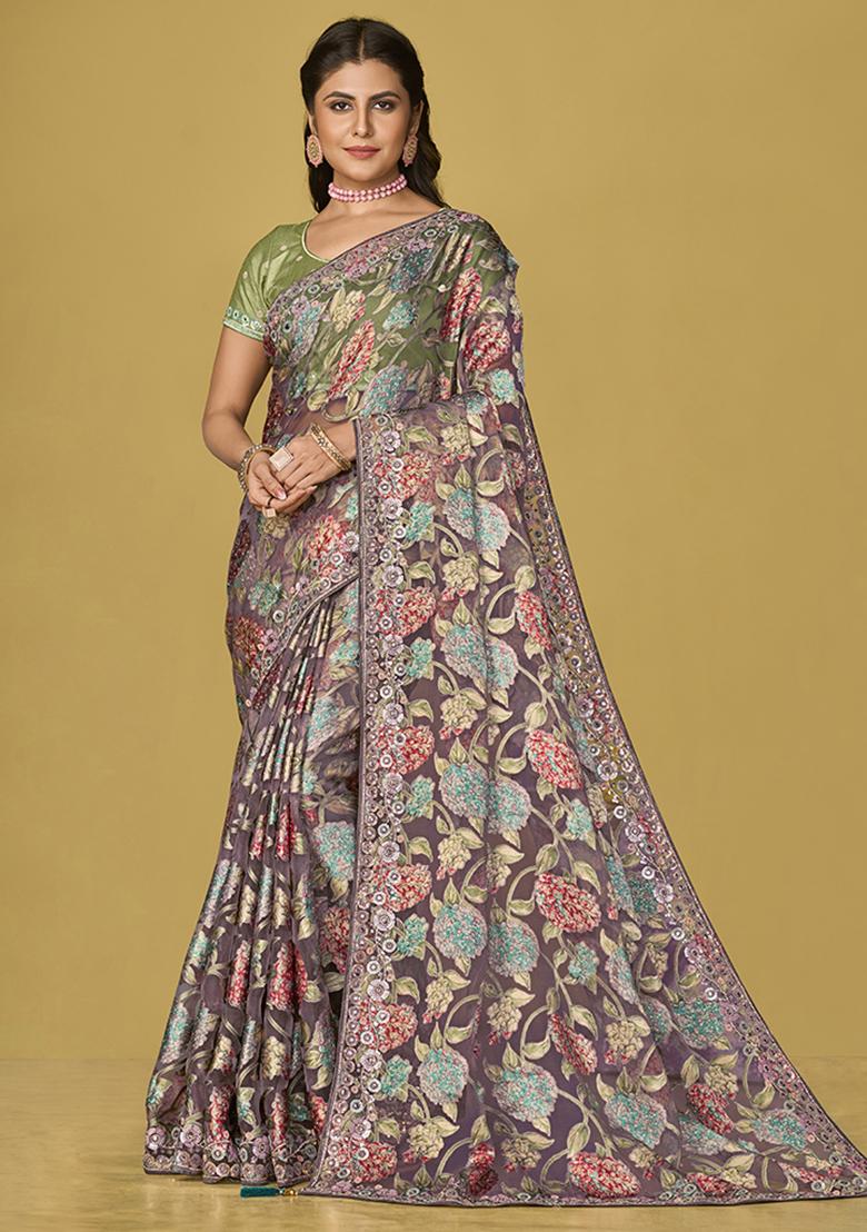 Grey Printed Organza Saree Set
