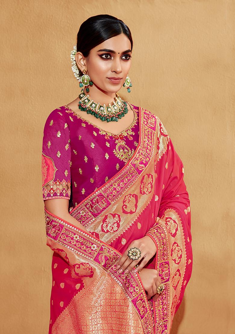 Pink Embroidered Silk Saree Set