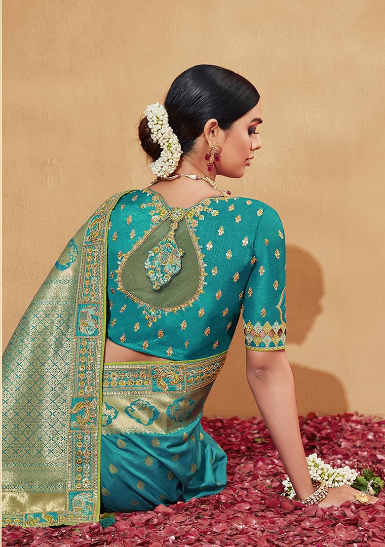 Turquoise Embroidered Silk Saree Set