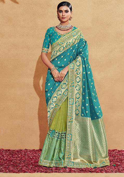 Turquoise Embroidered Silk Saree Set