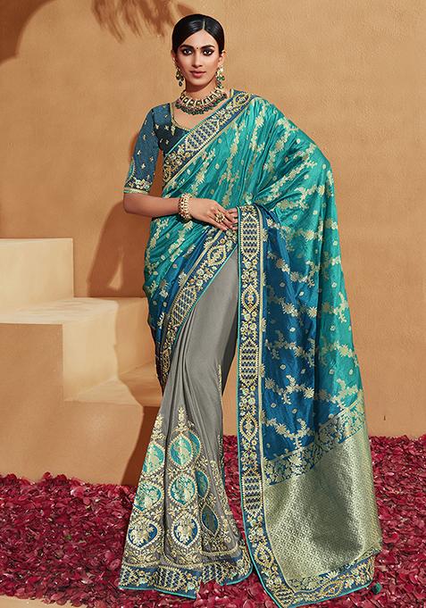 Multicolor Embroidered Silk Saree Set