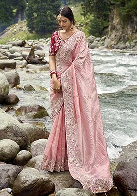 Light Peach Embroidered Silk Saree Set