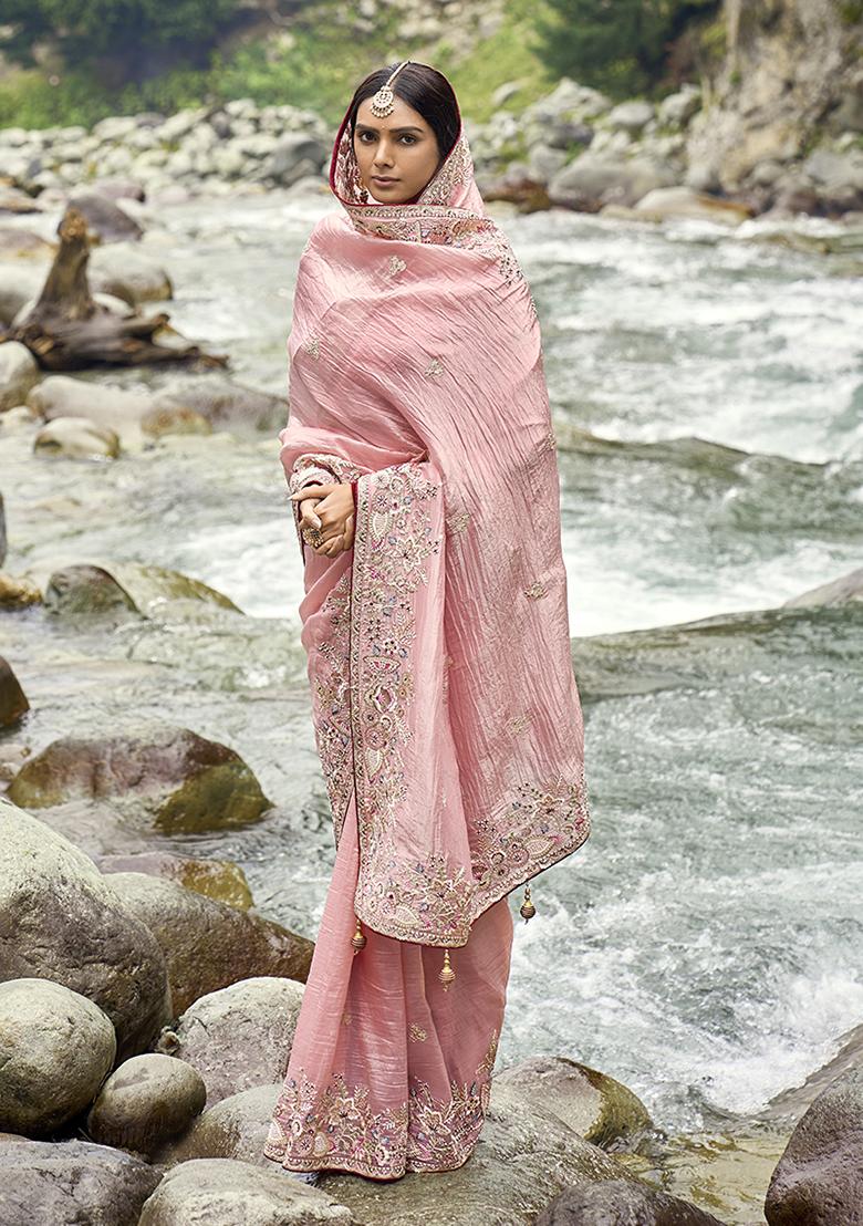 Light Peach Embroidered Silk Saree Set