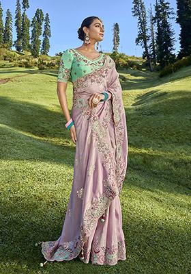 Onion Pink Embroidered Silk Saree Set
