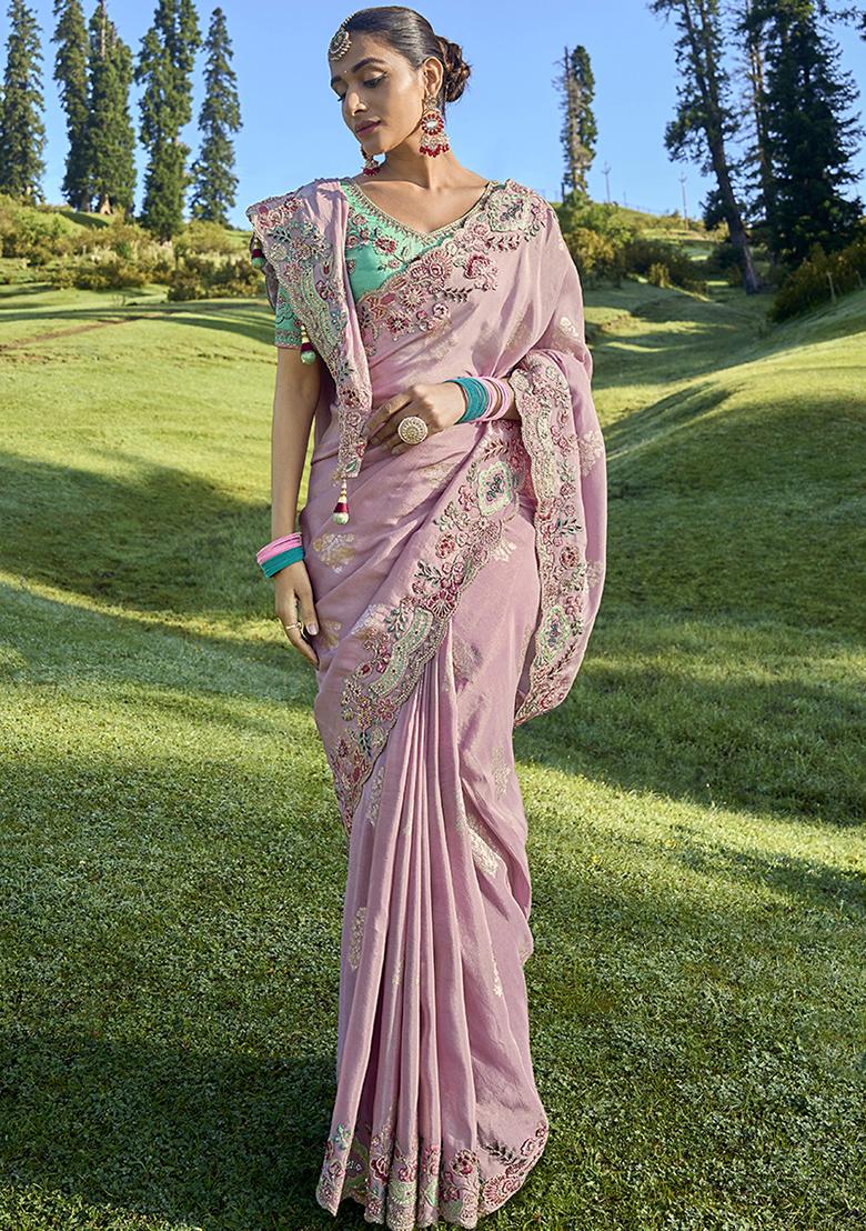 Onion Pink Embroidered Silk Saree Set
