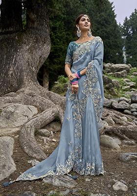 Light Blue Embroidered Silk Saree Set