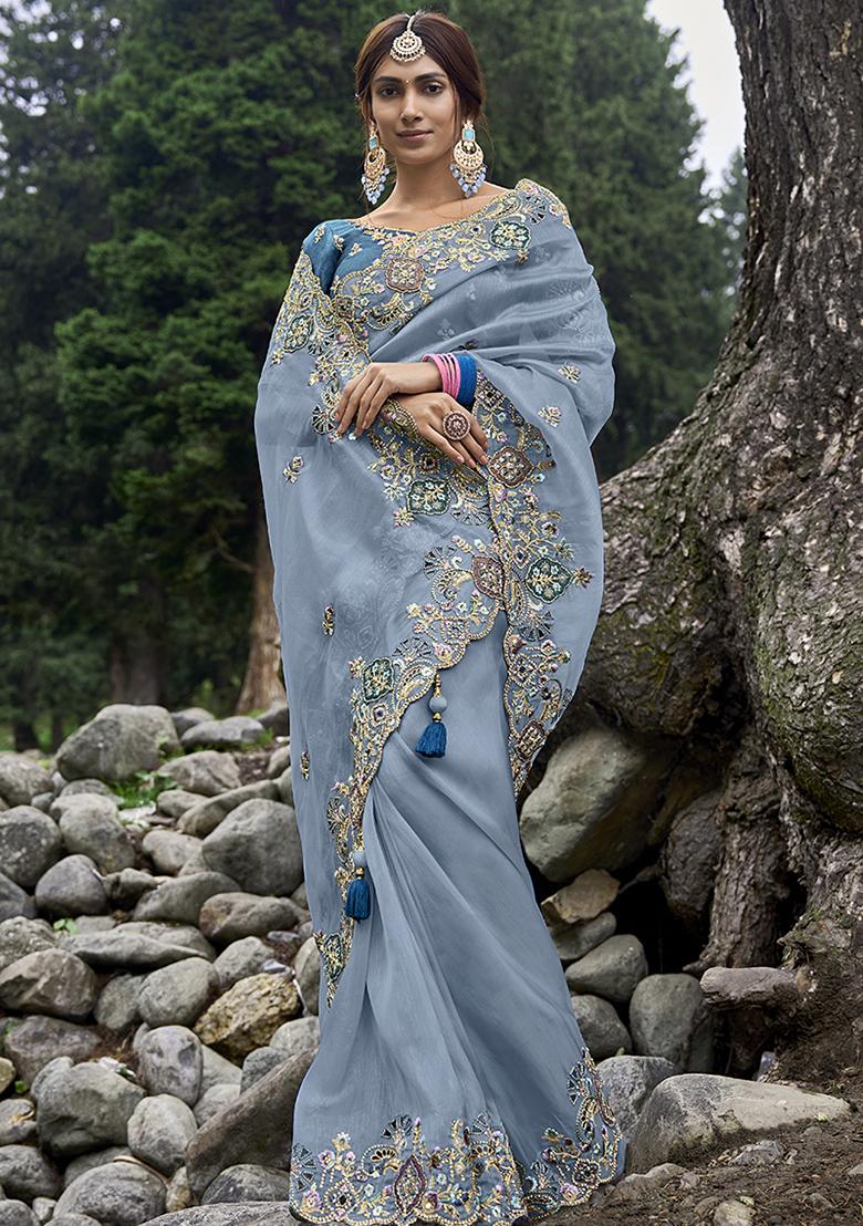 Light Blue Embroidered Silk Saree Set