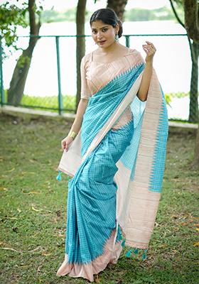 Sky Blue Printed Silk Saree Set