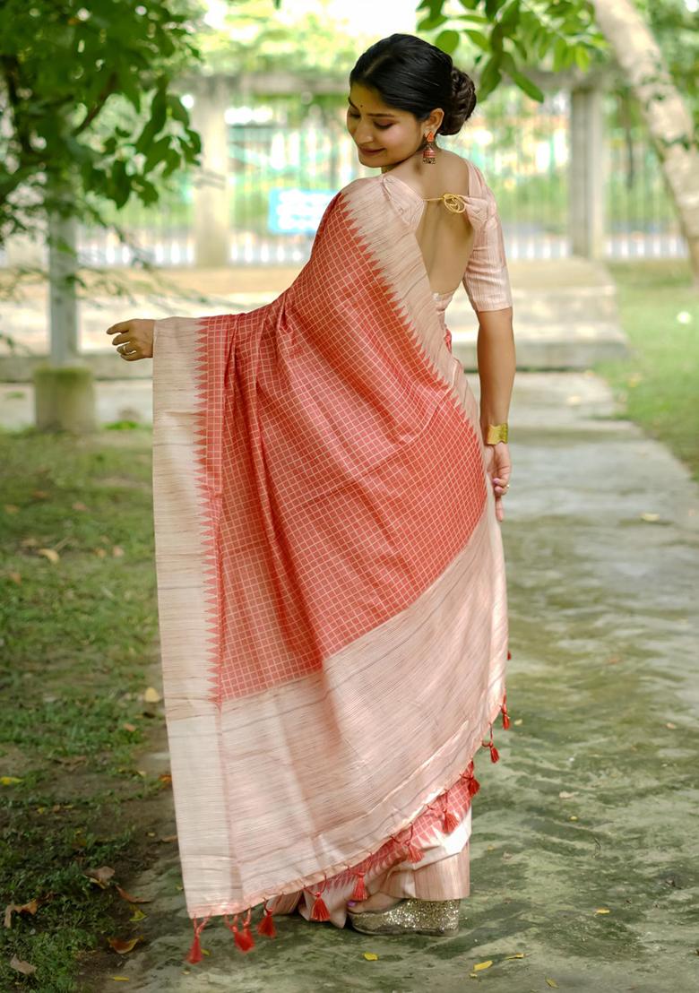 Orange Printed Silk Saree Set