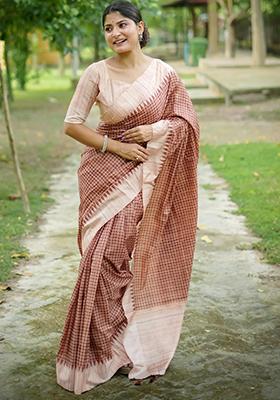 Brown Printed Silk Saree Set