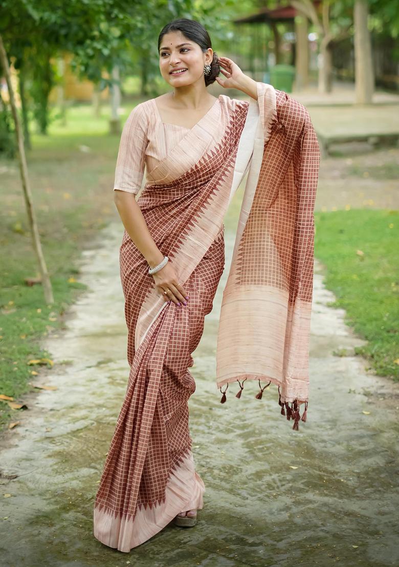 Brown Printed Silk Saree Set