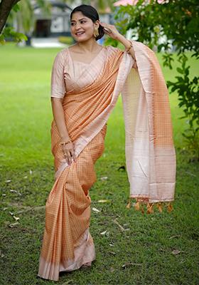 Mustard Yellow Printed Silk Saree Set