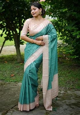 Rama Green Printed Silk Saree Set