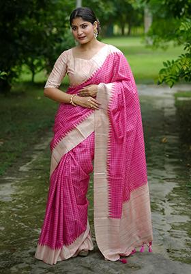 Pink Printed Silk Saree Set