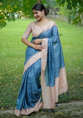 Blue Printed Silk Saree Set