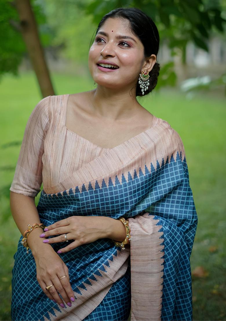 Blue Printed Silk Saree Set