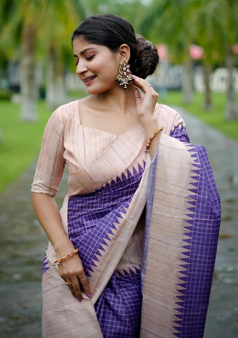 Purple Printed Silk Saree Set