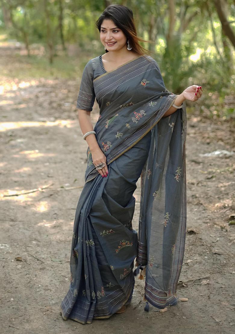 Grey Printed Silk Saree Set