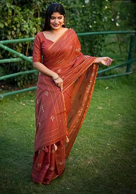 Orange Printed Silk Saree Set