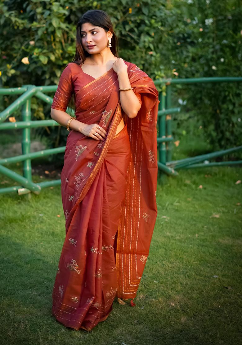 Orange Printed Silk Saree Set