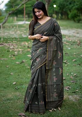 Black Weaving Silk Saree Set