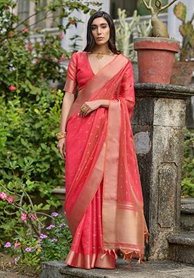 Red Weaving Silk Saree Set