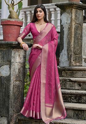 Rani Pink Weaving Silk Saree Set