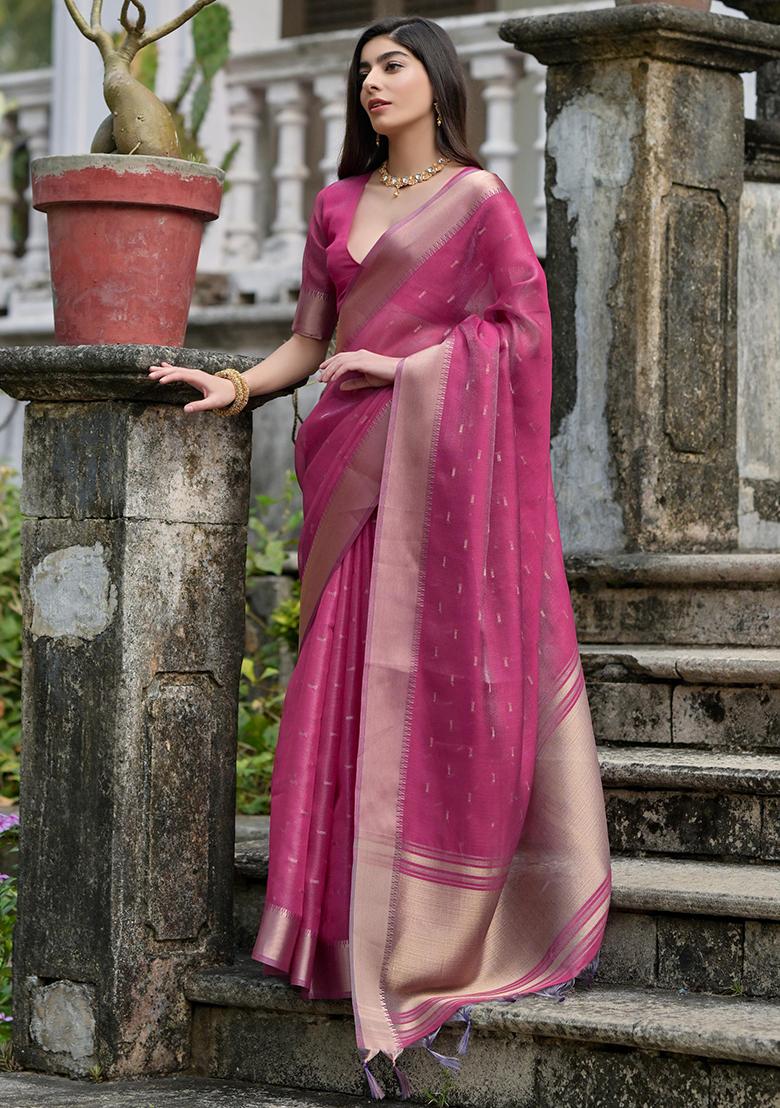 Rani Pink Weaving Silk Saree Set