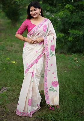 White And Pink Weaving Cotton Saree Set