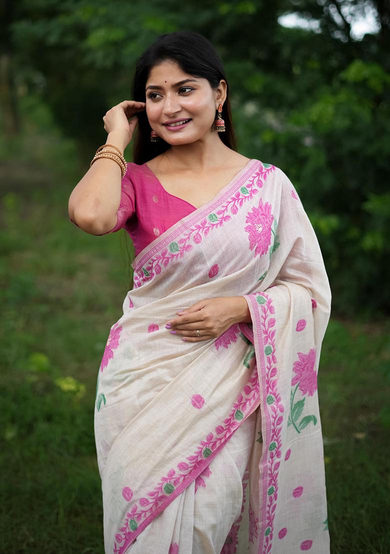White And Pink Weaving Cotton Saree Set