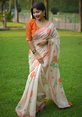 White And Orange Weaving Cotton Saree Set
