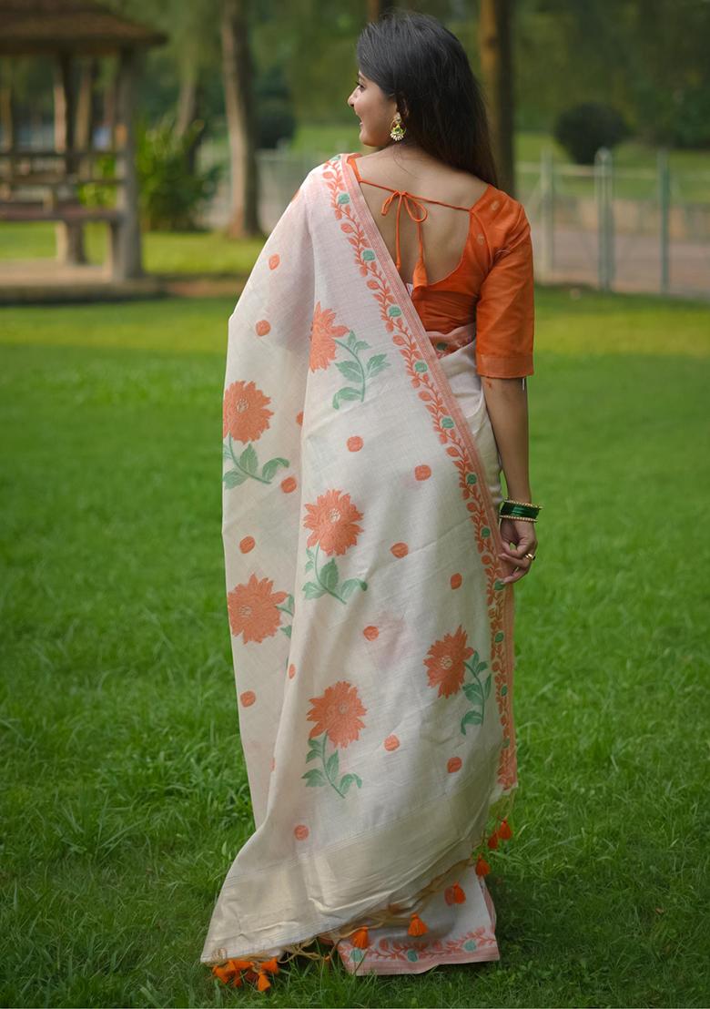 White And Orange Weaving Cotton Saree Set