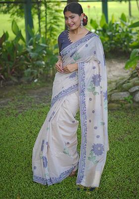 White And Blue Weaving Cotton Saree Set