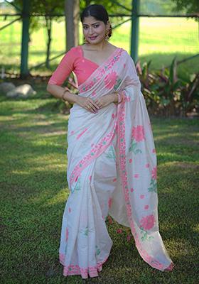 White And Pink Weaving Cotton Saree Set