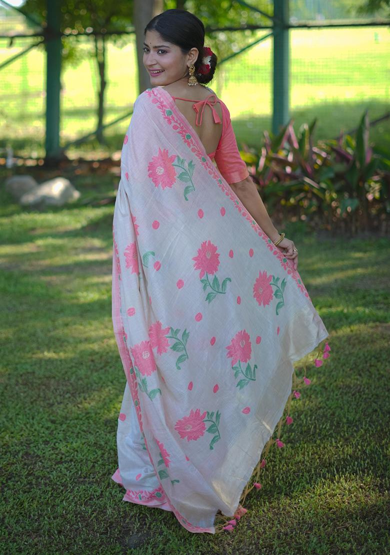 White And Pink Weaving Cotton Saree Set