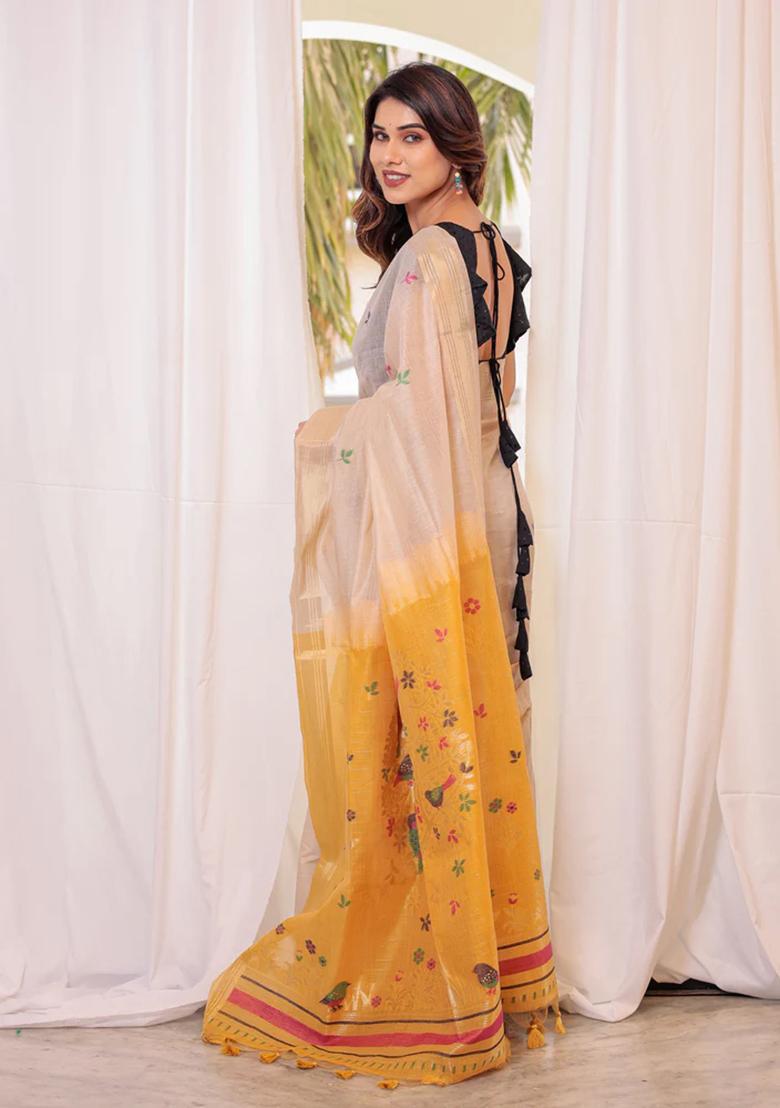 Off White Weaving Cotton Saree Set