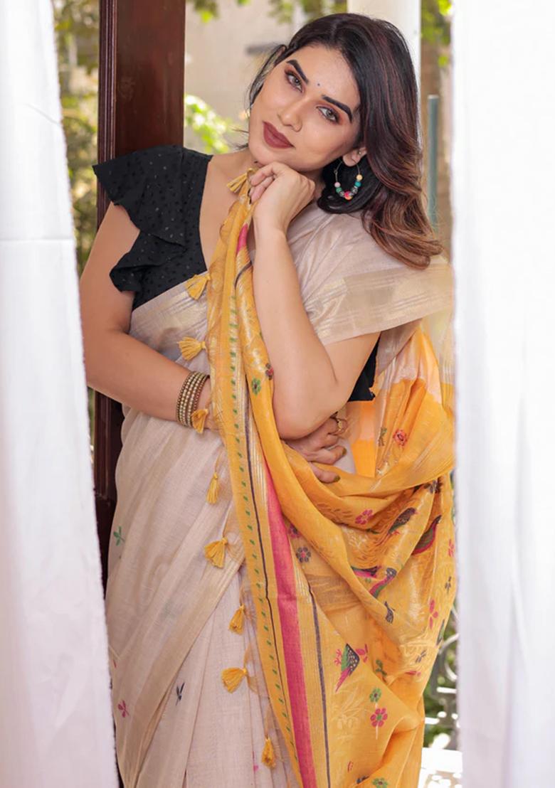 Off White Weaving Cotton Saree Set