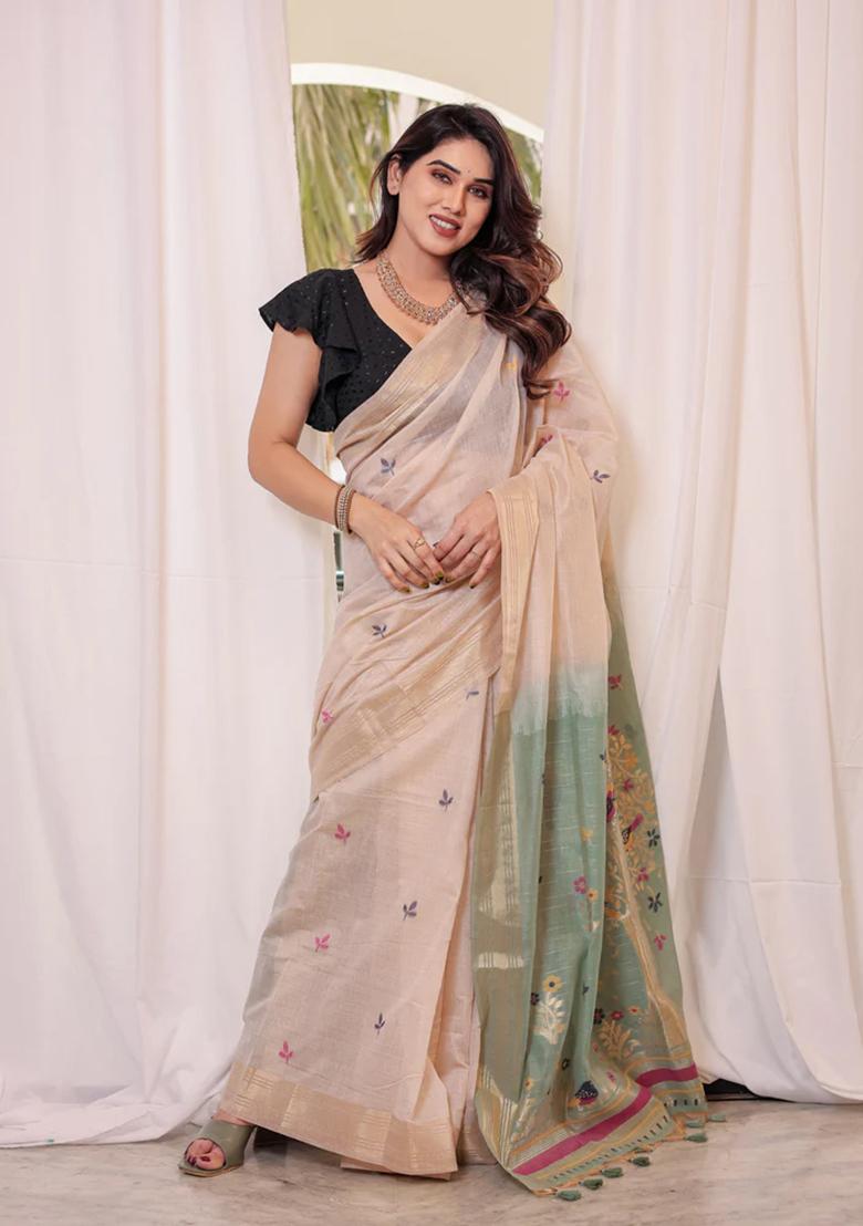 Off White Weaving Cotton Saree Set