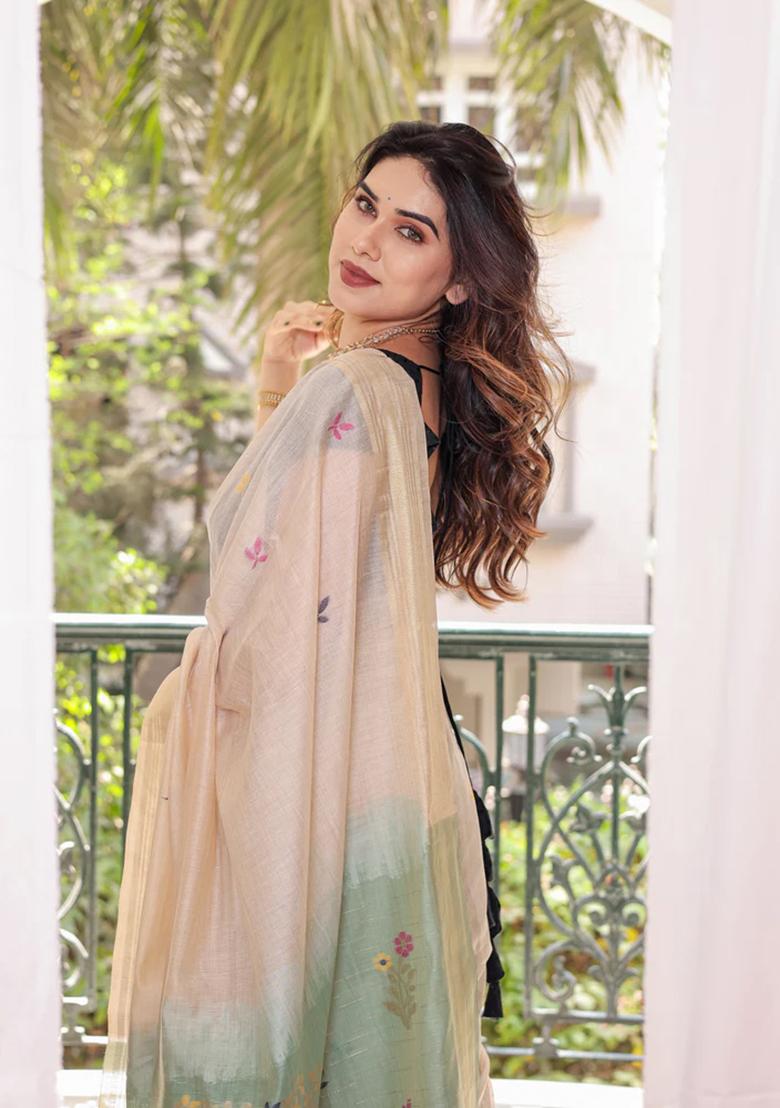 Off White Weaving Cotton Saree Set