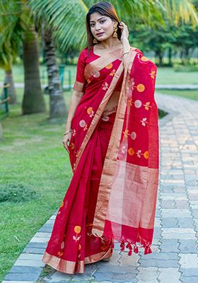 Red Weaving Silk Saree Set