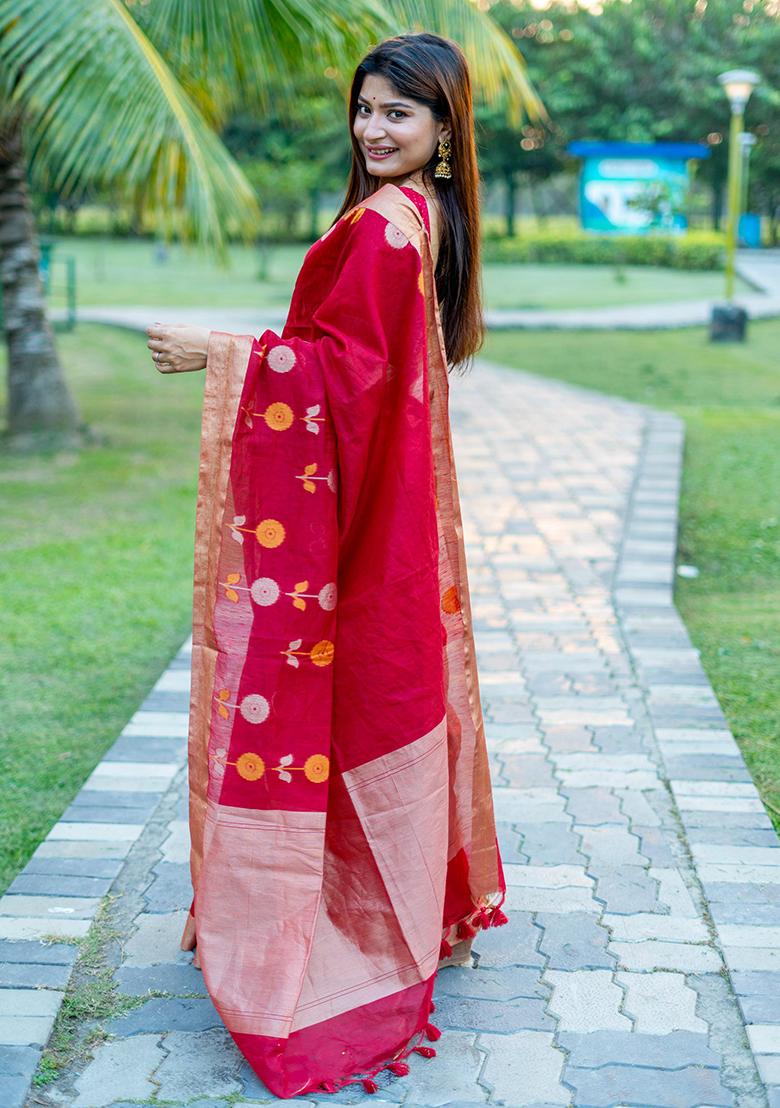 Red Weaving Silk Saree Set